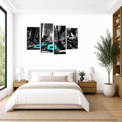 LR New York Taxi Wall Art Picture – Grey, Blue & Black Skyline Framed 4 Panel Split Canvas Print | Ready to Hang | Modern Wall Art for Living Room, Bedroom & Office
