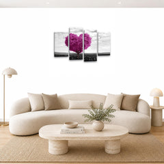 LR Floral Love Heart Wall Art Picture – Grey & Pink Tree Framed 4 Panel Split Canvas Print | Ready to Hang | Modern Wall Art for Living Room, Bedroom & Office