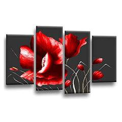 LR Floral Rose Grey Red Flower Wall Art Picture Framed 4 Panel Split Canvas Print | Ready to Hang | Modern Wall Art for Living Room, Bedroom & Office