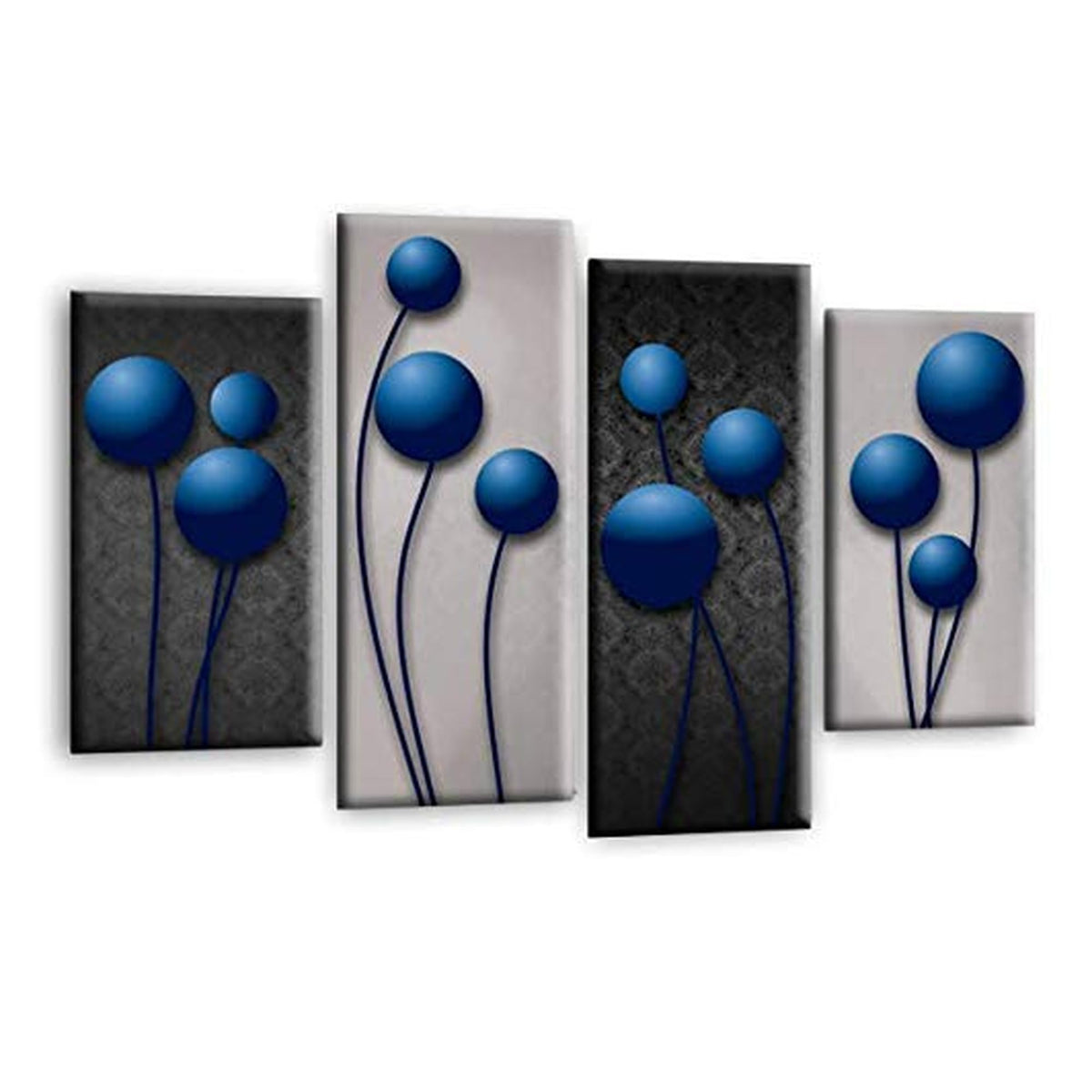 LR Blue Floral Rose Wall Art Picture – Grey Framed 4 Panel Split Canvas Print | Ready to Hang | Modern Wall Art for Living Room, Bedroom & Office