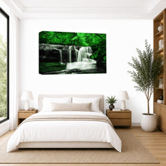LR Green Waterfall Wall Art Picture – Grey & White Forest Framed Canvas Print | Ready to Hang | Modern Wall Art for Living Room, Bedroom & Office