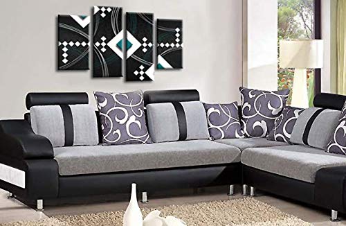 LR Teal Abstract Wall Art Picture Black White Stripes Checks Framed Split Panel Print Ready to Hang