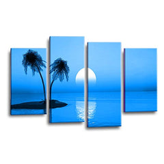 LR Sunset Wall Art Picture – Blue Beach Seascape Framed 4 Panel Split Canvas Print | Ready to Hang | Modern Wall Art for Living Room, Bedroom & Office