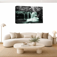 LR Duck Egg Waterfall Wall Art Picture – Grey, White & Forest Framed Canvas Print | Ready to Hang | Modern Wall Art for Living Room, Bedroom & Office