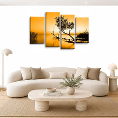 LR Sunset Landscape Lake Wall Art Picture – Brown & Orange Floral Framed 4 Panel Split Canvas Print | Ready to Hang | Modern Wall Art for Living Room, Bedroom & Office