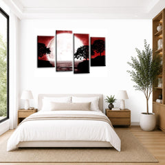 LR Landscape Wall Art Picture – Red, Black & White Floral Framed 4 Panel Split Canvas Print | Ready to Hang | Modern Wall Art for Living Room, Bedroom & Office