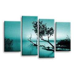 LR Sunset Landscape Lake Wall Art Picture – Teal & Brown Floral Framed 4 Panel Split Canvas Print | Ready to Hang | Modern Wall Art for Living Room, Bedroom & Office