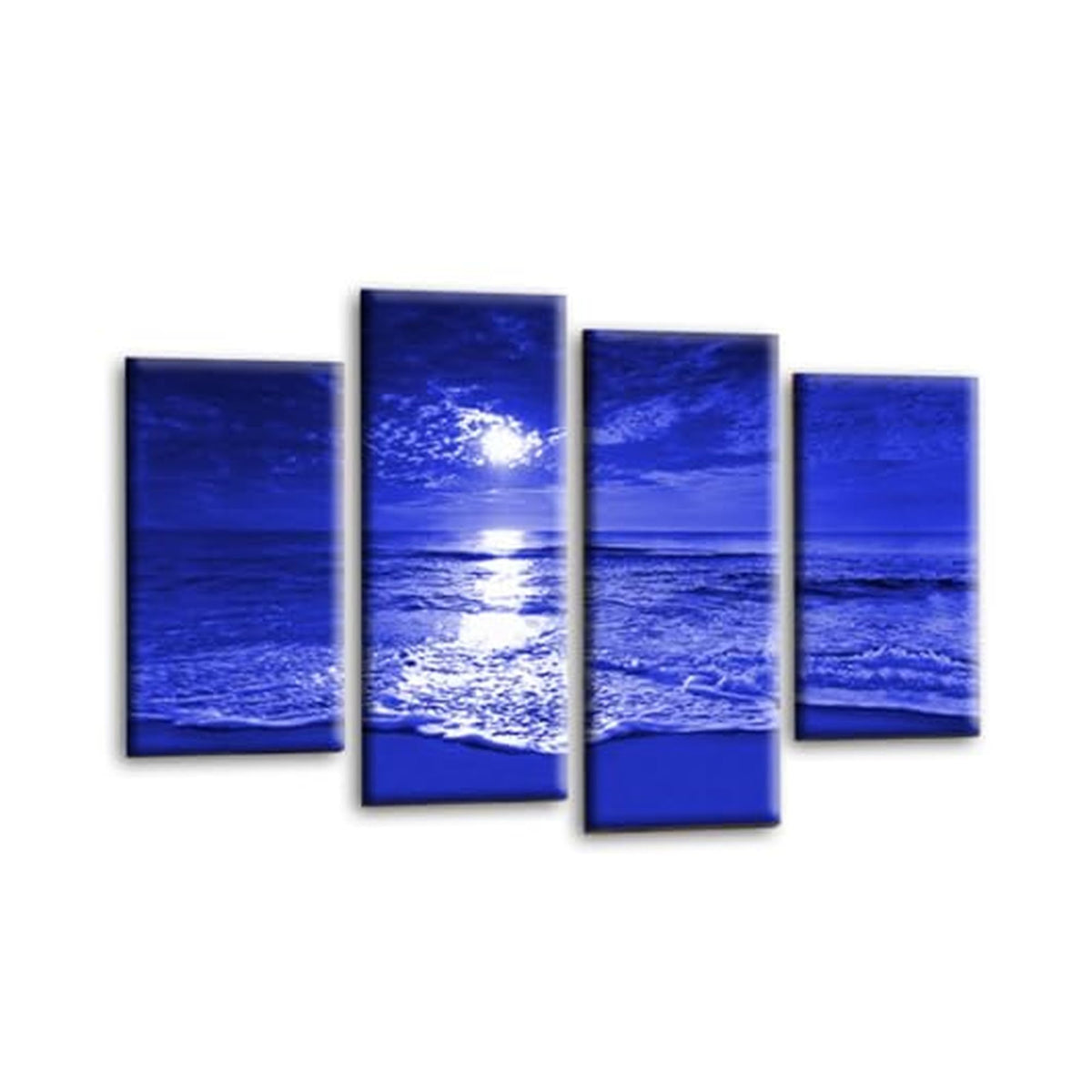 LR Sunset Beach Wall Art Picture – Blue & Cream Seascape Framed 4 Panel Split Canvas Print | Ready to Hang | Modern Wall Art for Living Room, Bedroom & Office