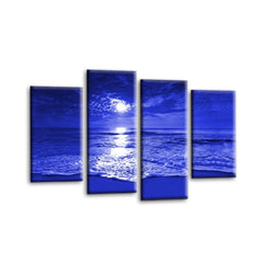 LR Sunset Beach Wall Art Picture – Blue & Cream Seascape Framed 4 Panel Split Canvas Print | Ready to Hang | Modern Wall Art for Living Room, Bedroom & Office