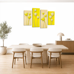 LR Floral Rose Wall Art Picture – Yellow & Cream Framed 4 Panel Split Canvas Print | Ready to Hang | Modern Wall Art for Living Room, Bedroom & Office