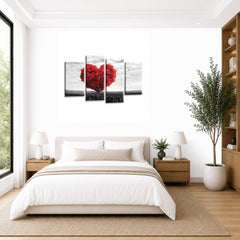 LR Floral Love Heart Wall Art Picture – Grey & Red Tree Framed 4 Panel Split Canvas Print | Ready to Hang | Modern Wall Art for Living Room, Bedroom & Office