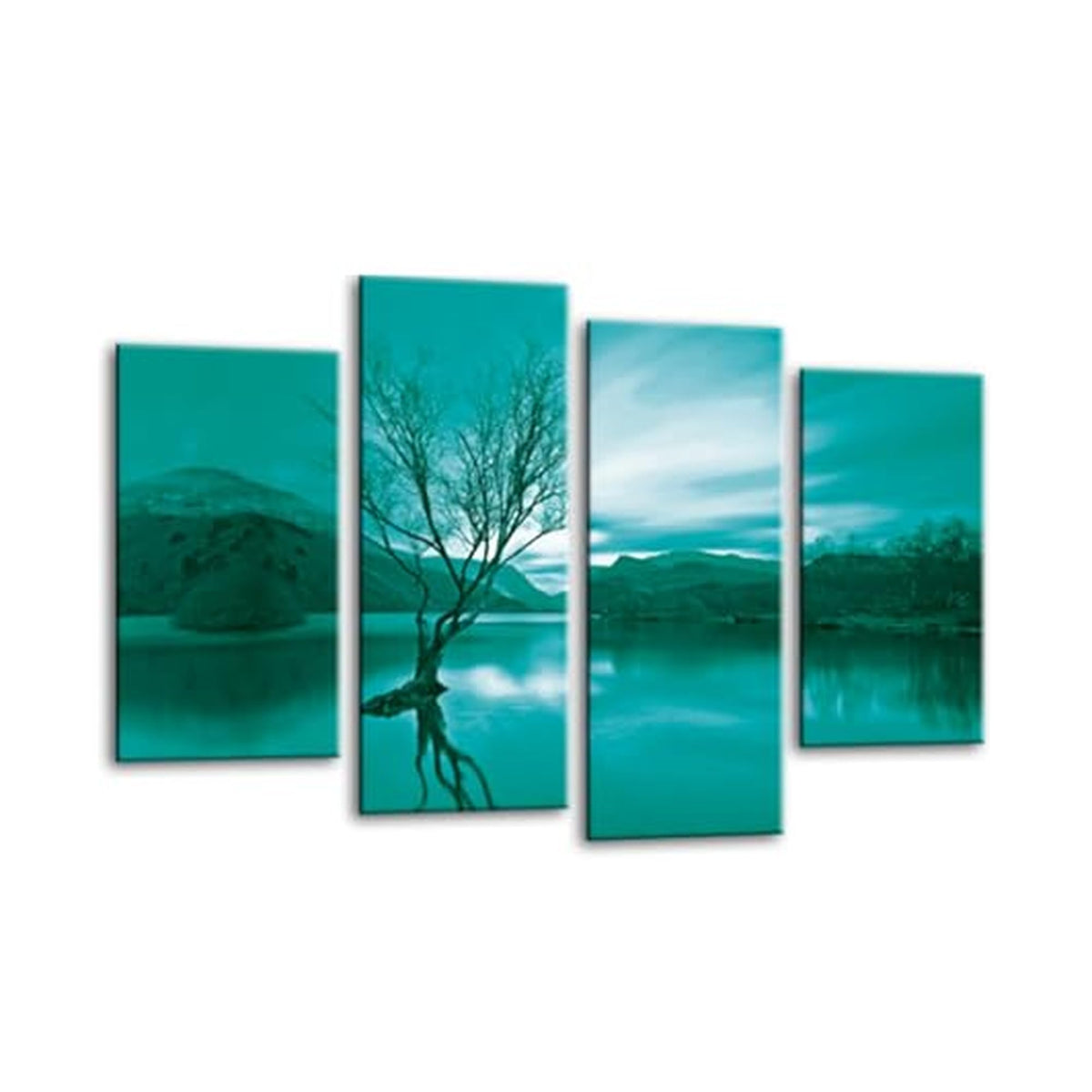LR Landscape Lake Wall Art Picture – Teal & Brown Floral Framed 4 Panel Split Canvas Print | Ready to Hang | Modern Wall Art for Living Room, Bedroom & Office