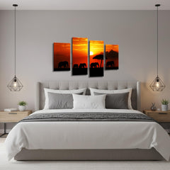 LR Elephant Sunset Wall Art Picture – Grey & Orange African Framed 4 Panel Split Canvas Print | Ready to Hang | Modern Wall Art for Living Room, Bedroom & Office