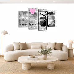 LR Banksy Wall Art Picture – Grey & Pink Graffiti Art Framed 4 Panel Split Canvas Print | Ready to Hang | Modern Wall Art for Living Room, Bedroom & Office