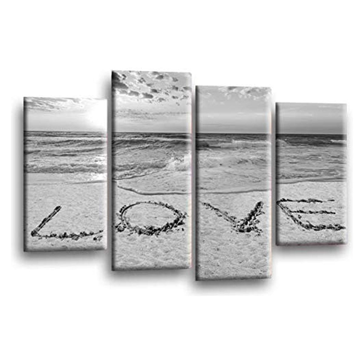 LR Love Beach Wall Art Picture – Grey & White Sunset Seascape Framed 4 Panel Split Canvas Print | Ready to Hang | Modern Wall Art for Living Room, Bedroom & Office