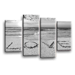 LR Love Beach Wall Art Picture – Grey & White Sunset Seascape Framed 4 Panel Split Canvas Print | Ready to Hang | Modern Wall Art for Living Room, Bedroom & Office