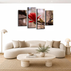 LR Floral Rose Wall Art Picture – Grey & Red Framed 4 Panel Split Canvas Print | Ready to Hang | Modern Wall Art for Living Room, Bedroom & Office