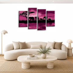 LR Elephant Sunset Wall Art Picture – Purple & Grey African Framed 4 Panel Split Canvas Print | Ready to Hang | Modern Wall Art for Living Room, Bedroom & Office
