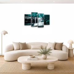 LR Waterfall Forest Wall Art Picture – Grey, Teal & Black Framed 4 Panel Split Canvas Print | Ready to Hang | Modern Wall Art for Living Room, Bedroom & Office