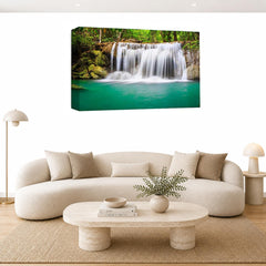 LR Teal Green Waterfall Wall Art Picture – Grey & Forest Framed Canvas Print | Ready to Hang | Modern Wall Art for Living Room, Bedroom & Office