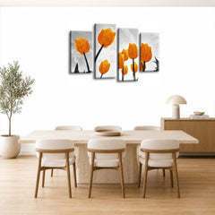 LR Floral Rose Tulip Wall Art Picture – Grey & Orange Framed 4 Panel Split Canvas Print | Ready to Hang | Modern Wall Art for Living Room, Bedroom & Office