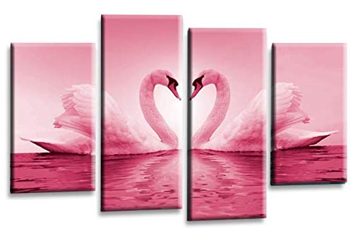 Love Heart Swans Wall Art Picture Pink White Cream Kissing Framed Canvas Split Panel Print