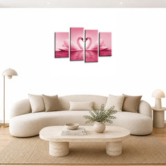 LR Love Swans Wall Art Picture – Pink & Cream Heart Framed 4 Panel Split Canvas Print | Ready to Hang | Modern Wall Art for Living Room, Bedroom & Office