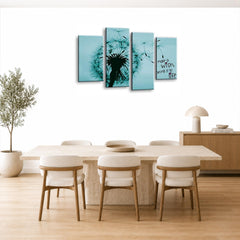 LR Abstract Floral Wall Art Picture – Grey & Teal Framed 4 Panel Split Canvas Print | Ready to Hang | Modern Wall Art for Living Room, Bedroom & Office