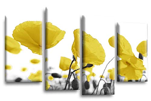 LR Floral Rose Wall Art Picture – Yellow & White Framed 4 Panel Split Canvas Print | Ready to Hang | Modern Wall Art for Living Room, Bedroom & Office