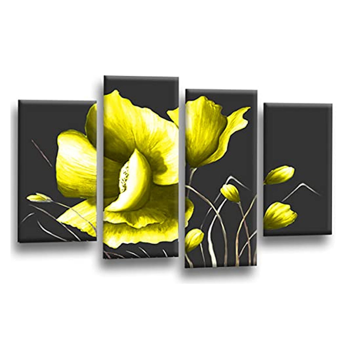 LR Floral Rose Yellow Wall Art Picture Framed 4 Panel Split Canvas Print | Ready to Hang | Modern Wall Art for Living Room, Bedroom & Office