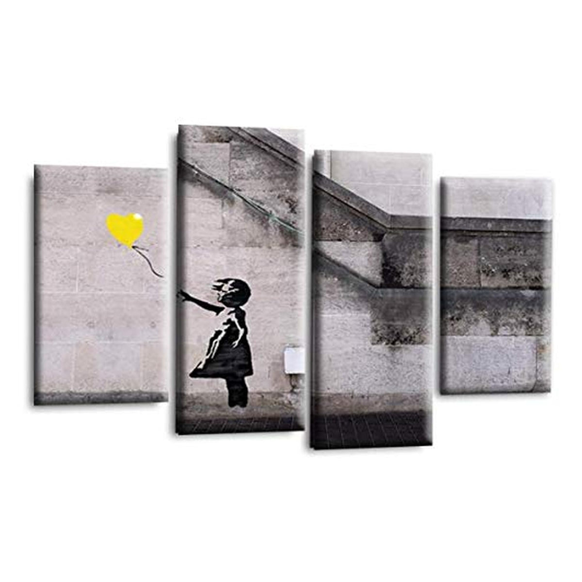 LR Banksy Wall Art Picture – Grey & Yellow Graffiti Art Framed 4 Panel Split Canvas Print | Ready to Hang | Modern Wall Art for Living Room, Bedroom & Office