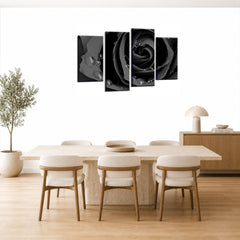 LR Floral Rose Wall Art Picture – Grey & Black Framed 4 Panel Split Canvas Print | Ready to Hang | Modern Wall Art for Living Room, Bedroom & Office