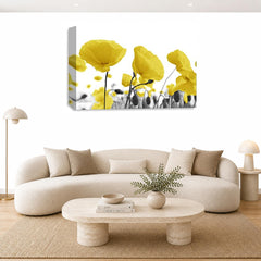 LR Floral Poppy Rose Wall Art Picture – Yellow & White Framed Canvas Print | Ready to Hang | Modern Wall Art for Living Room, Bedroom & Office