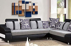 LR Blue Abstract Wall Art Picture Cream Squares Checks Framed Canvas Split Print Ready to Hang