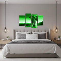 LR Elephant Sunset Wall Art Picture – Grey & Green African Framed 4 Panel Split Canvas Print | Ready to Hang | Modern Wall Art for Living Room, Bedroom & Office