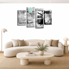 LR Banksy Heart Wall Art Picture – Grey & Duck Egg Graffiti Art Framed 4 Panel Split Canvas Print | Ready to Hang | Modern Wall Art for Living Room, Bedroom & Office