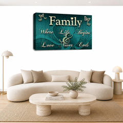 LR Family Love Quote Wall Art Picture – Teal & Cream Framed Canvas Print | Ready to Hang | Modern Wall Art for Living Room, Bedroom & Office