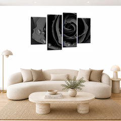LR Floral Rose Wall Art Picture – Grey & Black Framed 4 Panel Split Canvas Print | Ready to Hang | Modern Wall Art for Living Room, Bedroom & Office