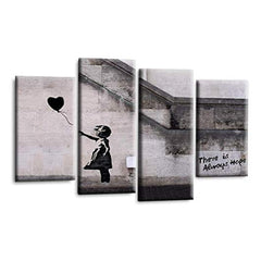 LR Banksy Heart Wall Art Picture – Grey & Black Graffiti Art Framed 4 Panel Split Canvas Print | Ready to Hang | Modern Wall Art for Living Room, Bedroom & Office