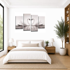 LR Love Heart Swans Wall Art Picture – Grey, Cream & White Framed 4 Panel Split Canvas Print | Ready to Hang | Modern Wall Art for Living Room, Bedroom & Office