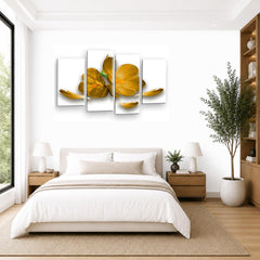 LR Floral Rose Orchid Wall Art Picture – White & Mustard Framed 4 Panel Split Canvas Print | Ready to Hang | Modern Wall Art for Living Room, Bedroom & Office