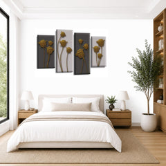 LR Gold Floral Rose Wall Art Picture – Grey Framed 4 Panel Split Canvas Print | Ready to Hang | Modern Wall Art for Living Room, Bedroom & Office