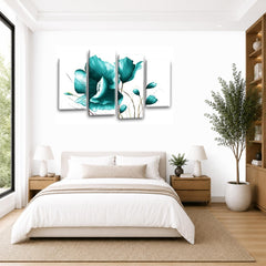 LR Floral Teal Rose Wall Art Picture – White Framed 4 Panel Split Canvas Print | Ready to Hang | Modern Wall Art for Living Room, Bedroom & Office