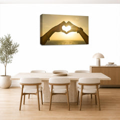 LR Love Heart Sunset Hands Wall Art Picture – Yellow, Gold & Orange Framed Canvas Print | Ready to Hang | Modern Wall Art for Living Room, Bedroom & Office
