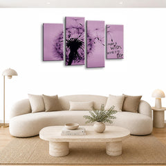 LR Abstract Floral Wall Art Picture – Purple & Grey Framed 4 Panel Split Canvas Print | Ready to Hang | Modern Wall Art for Living Room, Bedroom & Office