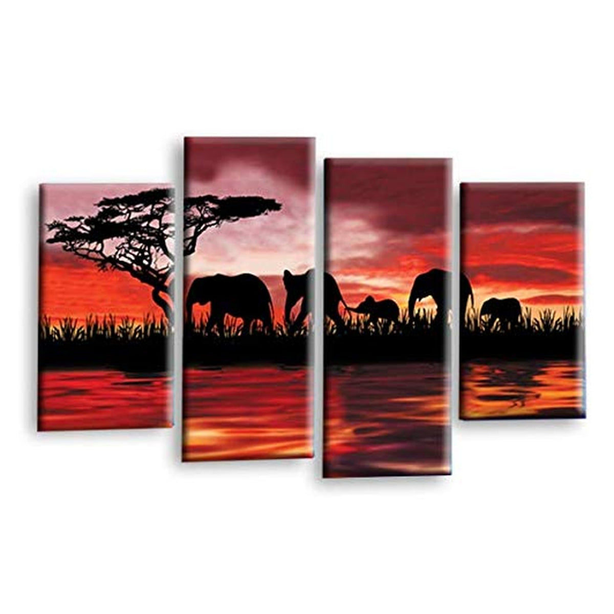 LR Elephant Sunset Wall Art Picture – Red, Orange & Black African Framed 4 Panel Split Canvas Print | Ready to Hang | Modern Wall Art for Living Room, Bedroom & Office