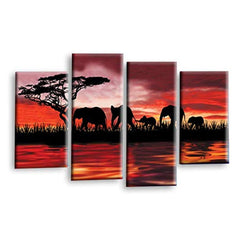 LR Elephant Sunset Wall Art Picture – Red, Orange & Black African Framed 4 Panel Split Canvas Print | Ready to Hang | Modern Wall Art for Living Room, Bedroom & Office