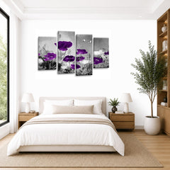 LR Floral Wall Art Picture – Purple & Grey Poppy Framed 4 Panel Split Canvas Print | Ready to Hang | Modern Wall Art for Living Room, Bedroom & Office