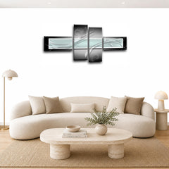 LR Abstract Wall Art Picture – Black, White & Duck Egg Modern Framed 4 Panel Split Canvas Print | Ready to Hang | Modern Wall Art for Living Room, Bedroom & Office