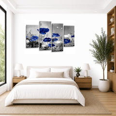 LR Floral Wall Art Picture – Grey & Blue Poppy Framed 4 Panel Split Canvas Print | Ready to Hang | Modern Wall Art for Living Room, Bedroom & Office